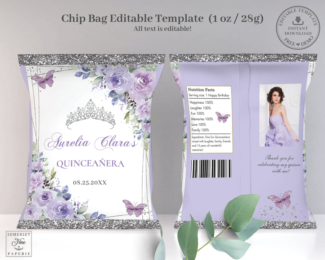 Chip Bag EDITABLE TEMPLATE Purple Lilac Floral Butterflies Silver Quinceañera Sweet 16 Birthday Favor Instant Download Printable QC3