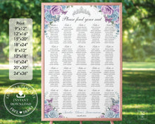 Load image into Gallery viewer, Baby Blue Purple Lilac Floral Silver Quinceañera Sweet 16 Birthday Seating Chart Sign Editable Template - Digital Printable Files - Instant Download - QC29
