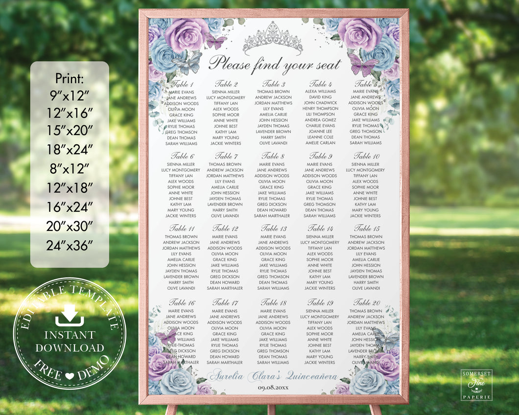 Baby Blue Purple Lilac Floral Silver Quinceañera Sweet 16 Birthday Seating Chart Sign Editable Template - Digital Printable Files - Instant Download - QC29