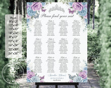 Load image into Gallery viewer, Baby Blue Purple Lilac Floral Silver Quinceañera Sweet 16 Birthday Seating Chart Sign Editable Template - Digital Printable Files - Instant Download - QC29
