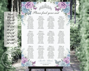 Baby Blue Purple Lilac Floral Silver Quinceañera Sweet 16 Birthday Seating Chart Sign Editable Template - Digital Printable Files - Instant Download - QC29