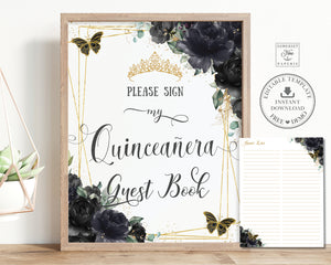 Black Floral Gold Quinceañera Sweet 15 16th Birthday Guest Book Sign Editable Template - Digital Printable Files - Instant Download - QC25