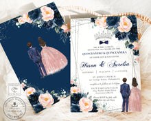 Load image into Gallery viewer, Navy Blue Blush Floral Silver Twins Boy Girl Quinceañera Quinceañero Invitation Editable Template - Digital Printable File - Instant Download - QC56
