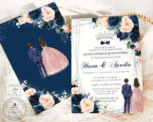 Navy Blue Blush Floral Silver Twins Boy Girl Quinceañera Quinceañero Invitation Editable Template - Digital Printable File - Instant Download - QC56