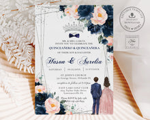 Load image into Gallery viewer, Navy Blue Blush Floral Silver Twins Boy Girl Quinceañera Quinceañero Invitation Editable Template - Digital Printable File - Instant Download - QC56
