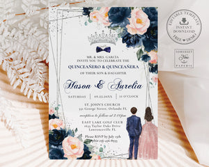 Navy Blue Blush Floral Silver Twins Boy Girl Quinceañera Quinceañero Invitation Editable Template - Digital Printable File - Instant Download - QC56