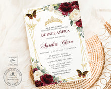 Load image into Gallery viewer, Burgundy White Ivory Floral Butterflies Gold Quinceañera Sweet 16 Birthday Invitation Editable Template - Digital Printable File - Instant Download - QC59
