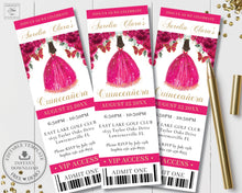 Load image into Gallery viewer, Chic Fuchsia Hot Pink Floral Quince Girl Gold Quinceañera Sweet 16 Birthday VIP Ticket Invitation Editable Template - Digital Printable File - Instant Download - QC71
