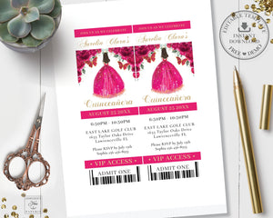 Chic Fuchsia Hot Pink Floral Quince Girl Gold Quinceañera Sweet 16 Birthday VIP Ticket Invitation Editable Template - Digital Printable File - Instant Download - QC71