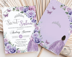 Lavender Lilac Purple Floral Silver Sweet 16 Birthday Invitation EDITABLE TEMPLATE Brown Princess Quinceañera INSTANT Download QC37