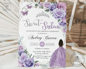 Lavender Lilac Purple Floral Silver Sweet 16 Birthday Invitation EDITABLE TEMPLATE Brown Princess Quinceañera INSTANT Download QC37