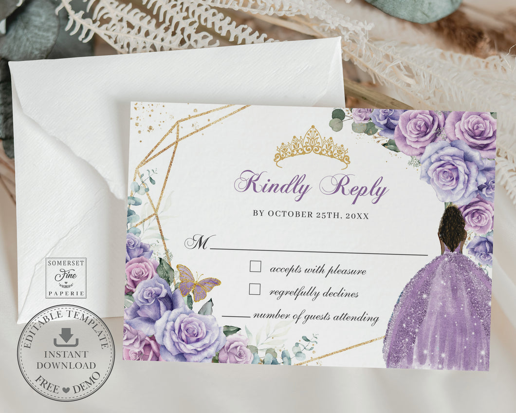 Purple Lavender Floral Brown Princess Gold Quinceañera Sweet 15 16th Birthday RSVP Reply Card Editable Template - Digital Printable Files - Instant Download - QC37