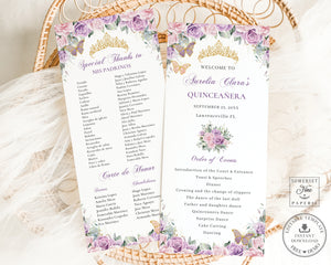 Purple Lilac Pink Floral Gold Quinceañera XV Birthday Slim Program Order of Events Padrinos Editable Template Digital Instant Download QC58