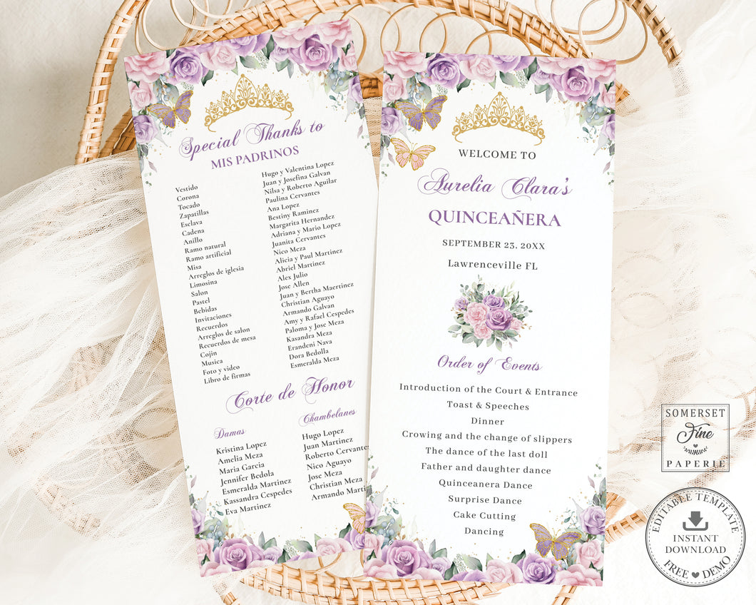 Purple Lilac Pink Floral Gold Quinceañera XV Birthday Slim Program Order of Events Padrinos Editable Template Digital Instant Download QC58