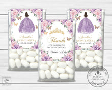 Load image into Gallery viewer, Purple Lilac Pink Floral Gold Quinceañera Princess Sweet 16 Birthday Mints Tic Tac Label Editable Template - Digital Printable File - Instant Download - QC58
