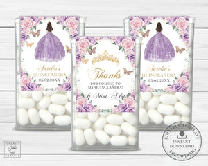 Purple Lilac Pink Floral Gold Quinceañera Princess Sweet 16 Birthday Mints Tic Tac Label Editable Template - Digital Printable File - Instant Download - QC58