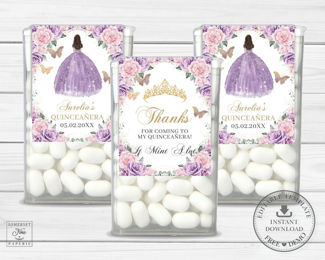 Purple Lilac Pink Floral Gold Quinceañera Princess Sweet 16 Birthday Mints Tic Tac Label Editable Template - Digital Printable File - Instant Download - QC58