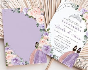 Purple Lilac Blush Floral Princesses Twins Silver Quinceañera Birthday Invitation Editable Template - Digital Printable File - Instant Download - QC41