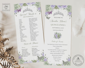 Purple Lavender Lilac Sage Green Floral Silver Quinceañera Sweet 16 Birthday Slim Program Editable Template - Digital Printable Files - Instant Download - QC67