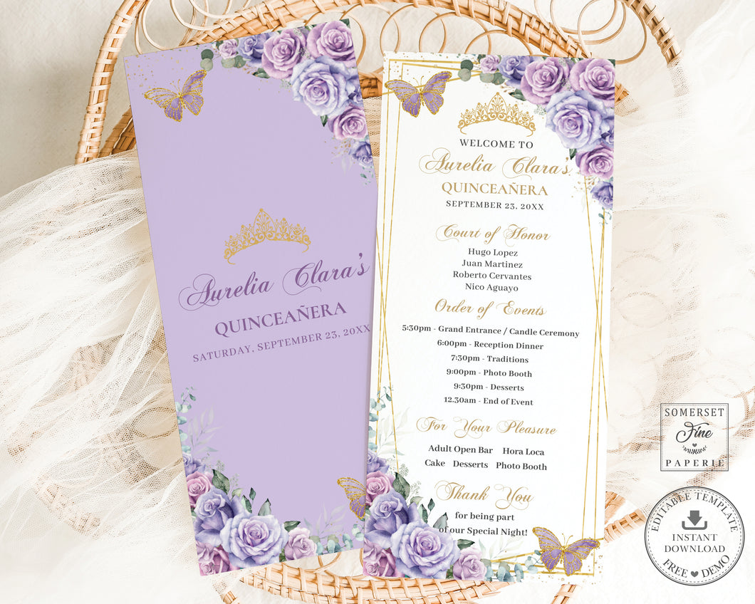 Purple Lavender Lilac Floral Gold Quinceañera Sweet 16 Birthday Slim Program Editable Template - Digital Printable Files - Instant Download - QC37