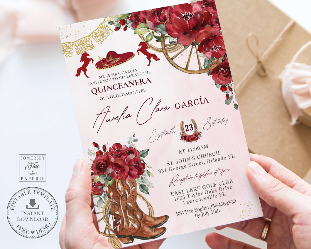 Red Floral Cowboy Boots Horses Charro Wild West Quinceañera Sweet 15 Birthday Invitation Editable Template - Digital Printable File - Instant Download - QC13