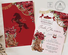 Load image into Gallery viewer, Red Floral Cowboy Boots Horses Charro Wild West Quinceañera Sweet 15 Birthday Invitation Editable Template - Digital Printable File - Instant Download - QC13
