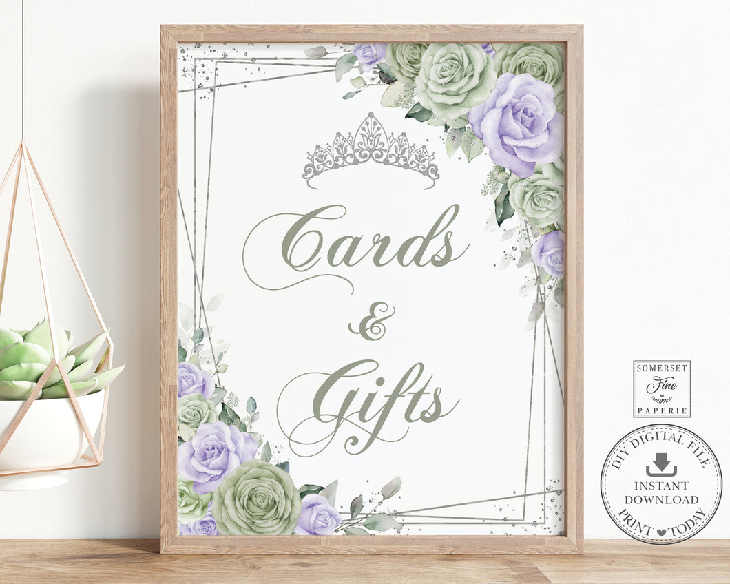 Sage Green Purple Lilac Lavender Floral Cards and Gifts Sign Quince Quinceañera Sweet 16 Birthday - Digital Printable Files - Instant Download - QC67