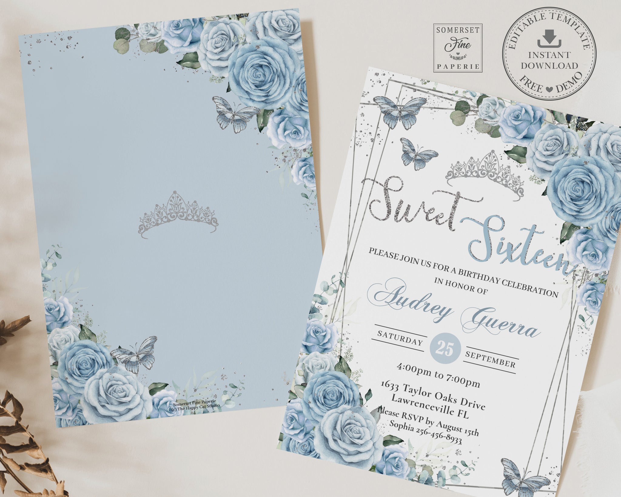 Baby Blue Floral Silver Quinceañera Invitation Printable, EDITABLE  TEMPLATE, Mis Quince 15 Anos Birthday Diy Invite, INSTANT Download, QC18 