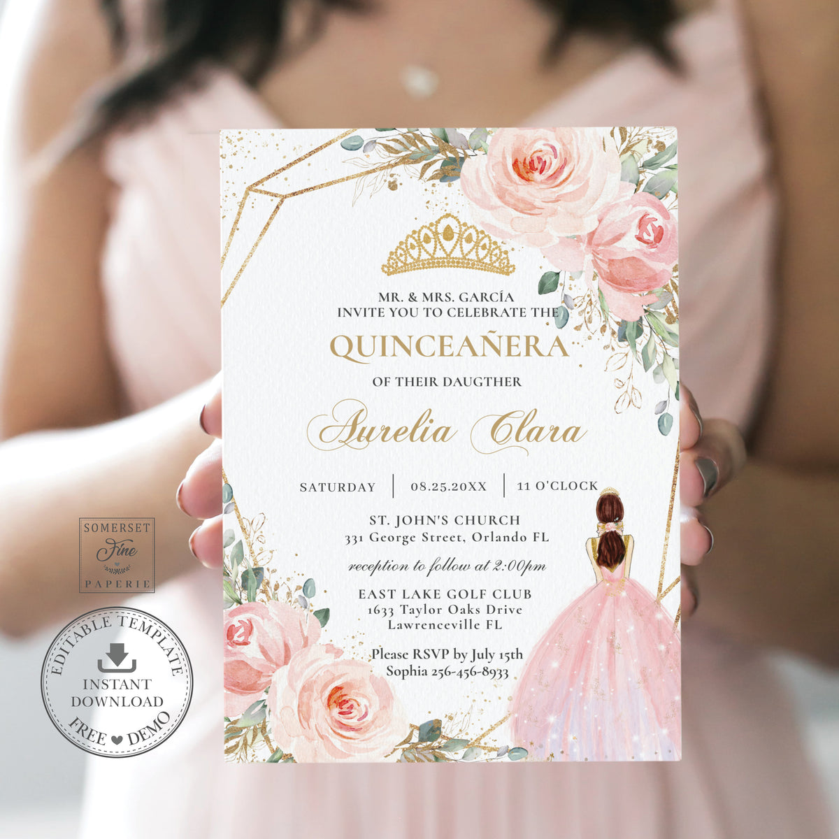 Blush Pink Floral Princess Quinceañera Invitation Mis Quince 15 Anos B ...