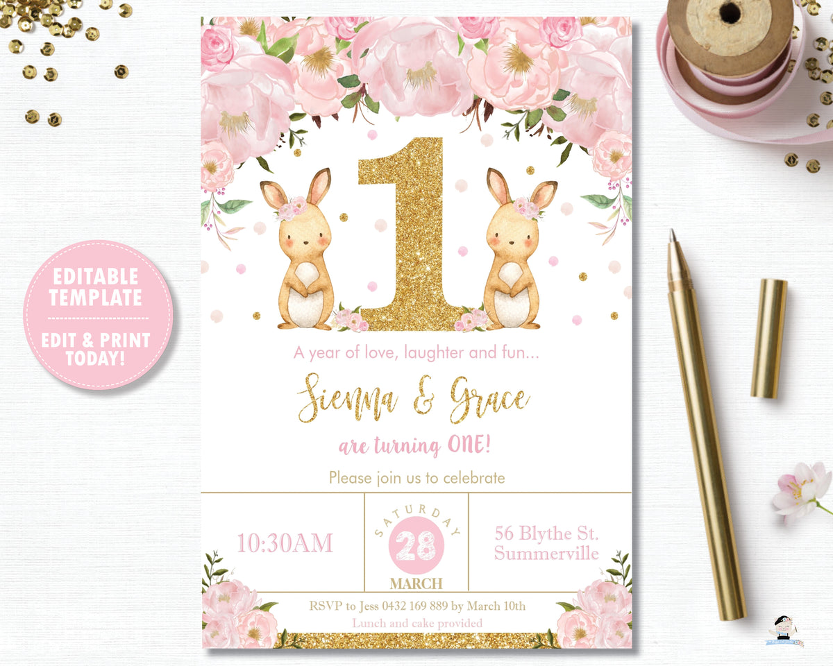 Twin Girls Bunny 1st First Birthday Party Invitation Editable Template ...