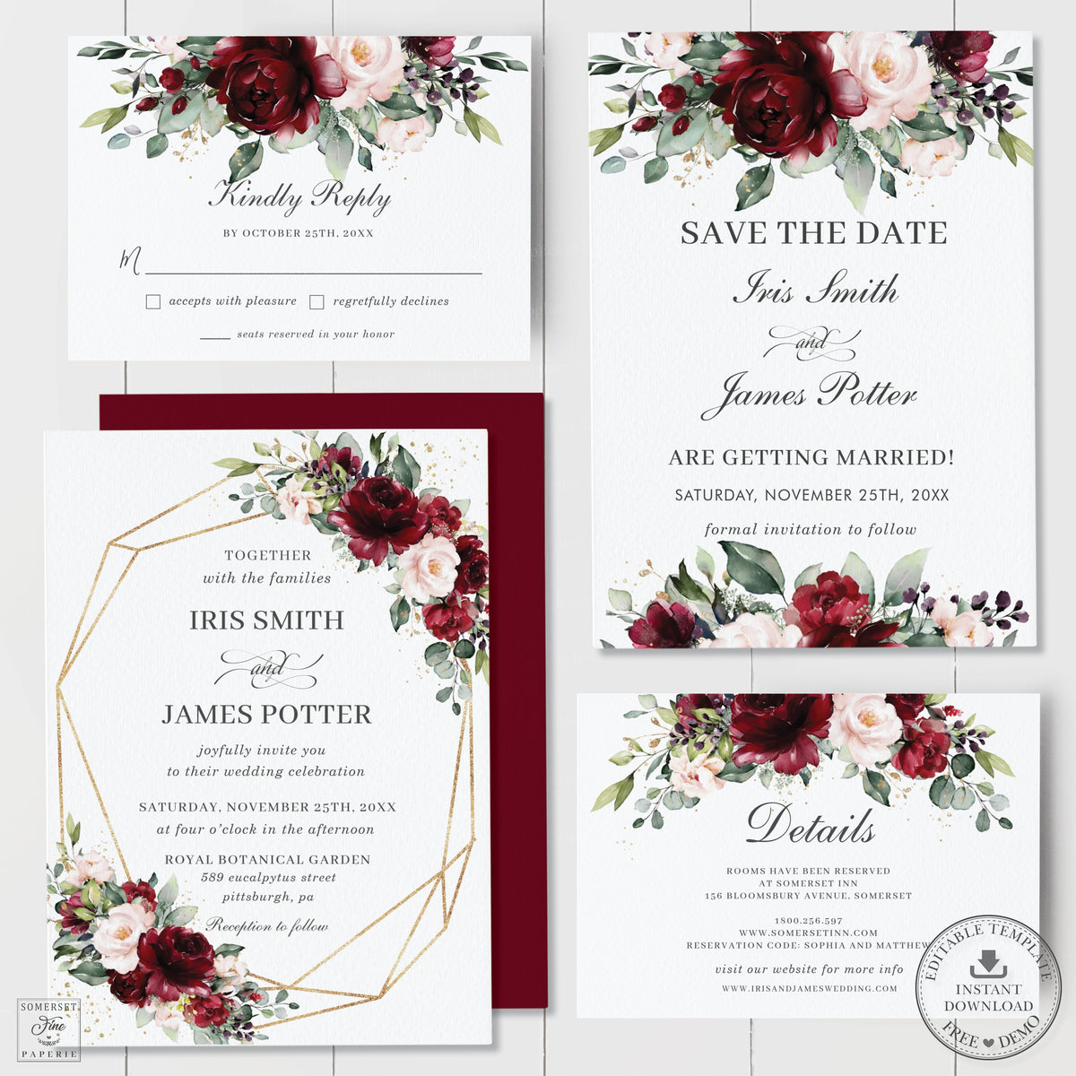 Rustic Burgundy Blush Floral Wedding Invitation Bundle EDITABLE TEMPLA ...