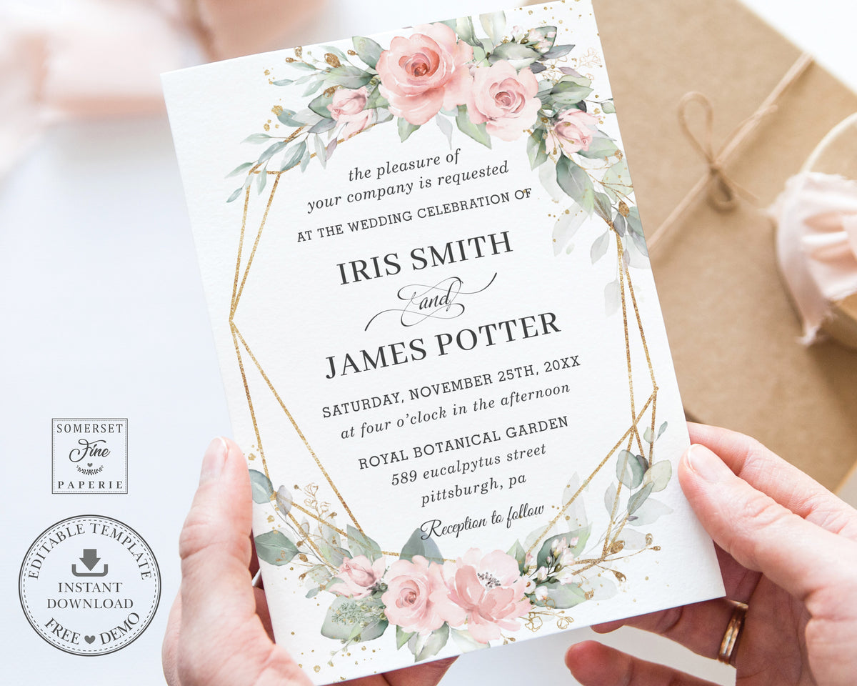 Elegant Chic Soft Blush Pink Floral Greenery Wedding Invitation Printa ...