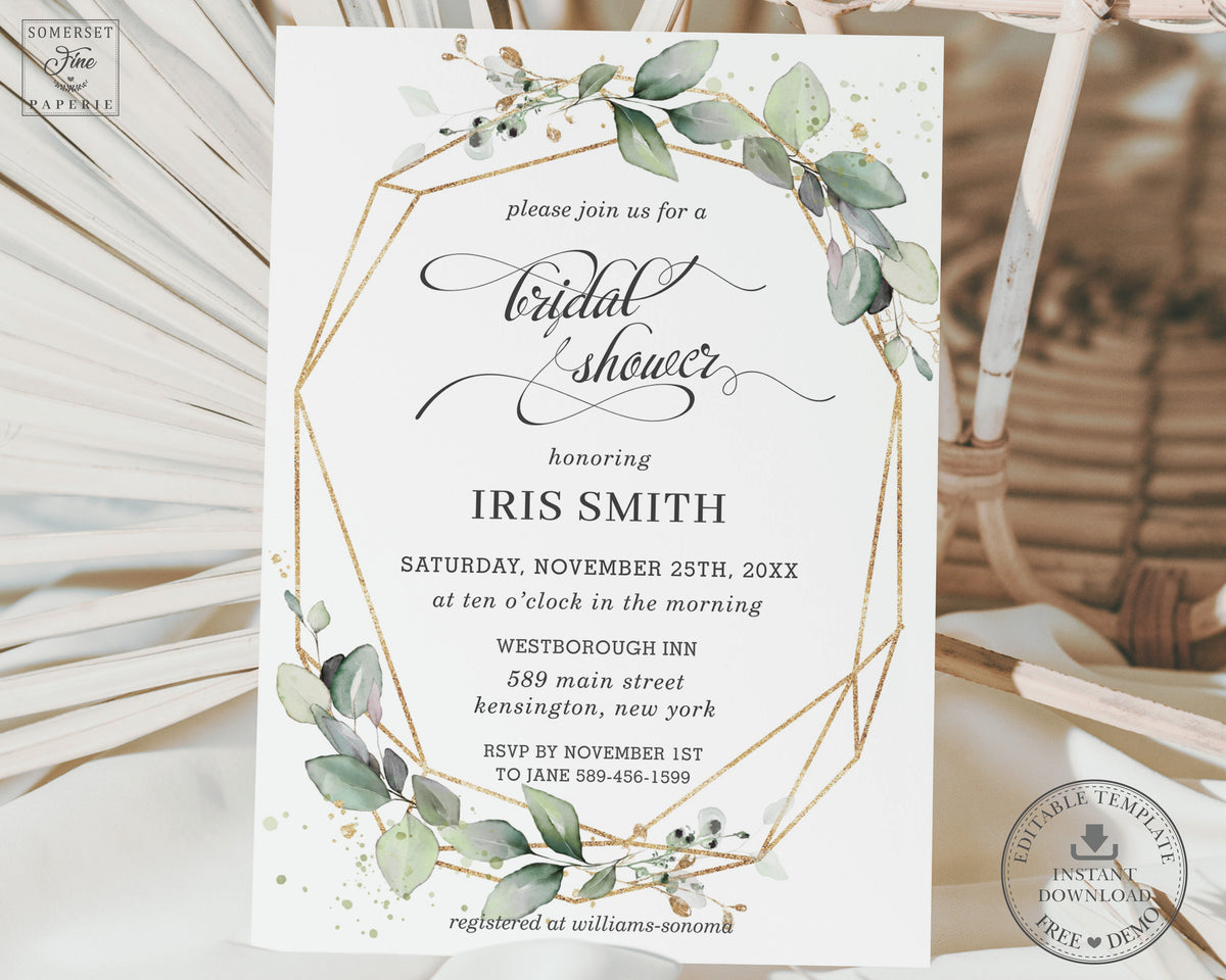 Elegant Rustic Greenery Geometric Bridal Shower Invitation Editable Te ...